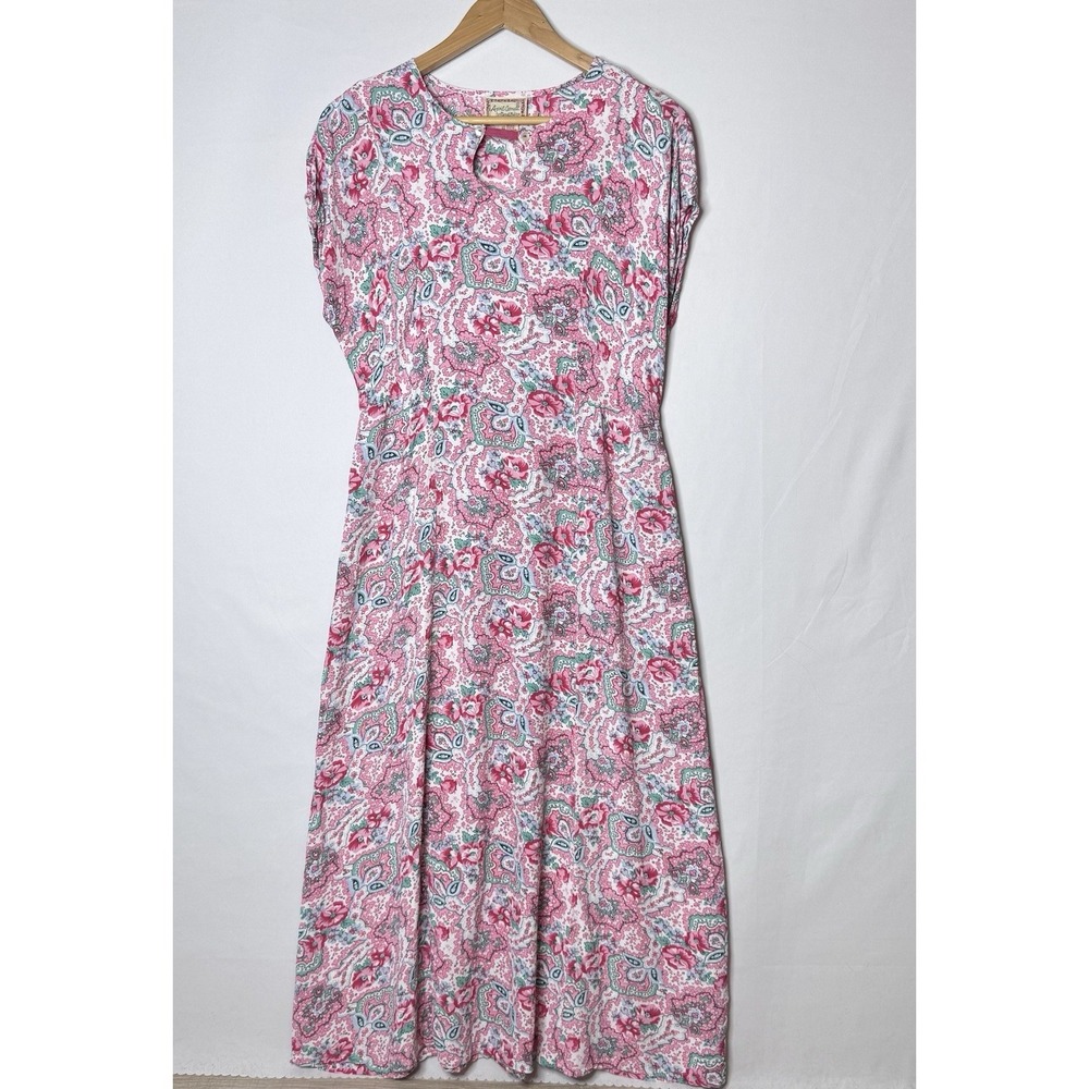 Vtg 90s April Cornell Tie Back Maxi Dress Pink Sz S Cottagecore Floral Y2K 50"